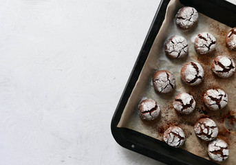 Fototapeta na wymiar Homemade brownie cookies in powdered sugar. chocolate crinkles on a baking tray whith copy space