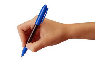 Hand with blue felt-tip pen on a white background. Isolate. Business concept, underline, signature, text and lettering.