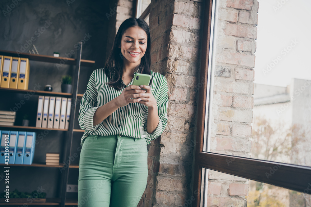 Wall mural portrait of her she nice attractive cheerful successful lady typing sms inviting candidate for inter