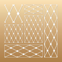Laser cut vector panels (ratio: 1:1, 1:4, 2:1, 2:3, 3:1). Cutout silhouette with geometric seamless pattern.The set is suitable for engraving, laser cutting wood, metal, stencil manufacturing.