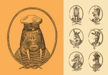 Animal characters set. Sailor walrus Llama Deer lady Walrus Crocodile Goat Dog Donkey Alpaca. Hand drawn portrait. Engraved monochrome sketch for card, label or tattoo. Hipster Anthropomorphism.