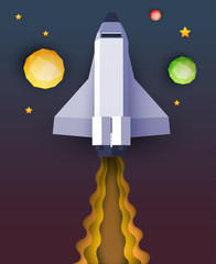 Space shuttle fly up in space with planet and stars. Science concept inspiration. Paper art cartoon 3d realistic trendy craft style. Modern origami design template. Funny cute vector illustration.