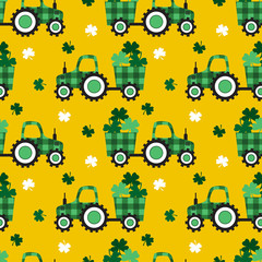 ..Checkered tractor with a trailer and clover leaves on a yellow background. St. Patrick's  seamless pattern. Vector festive texture..