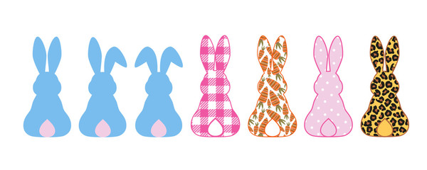 .   Silhouettes collection of Rabbits . Bunny ears, Leopard, buffalo plaid, polka dots, carrot pattern..Vector clipart. Easter design elements.