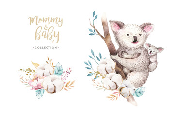 Watercolor cute cartoon little baby and mom koala with floral wreath. Isolated tropical illustration. Mother and baby design. Animal family. Kid love birthday drawing