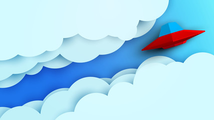Red ufo spaceship fly in blue sky above white clouds. Science concept inspiration. Paper art cartoon 3d realistic trendy craft style. Modern origami design template. Funny cute vector illustration.