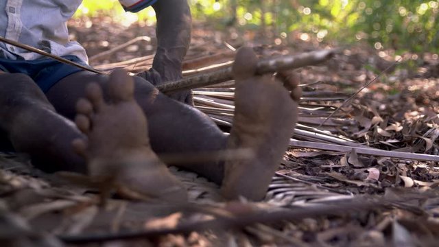Man Makes Wandza Roof With Straw. Hand Made Work. Close Up Shot