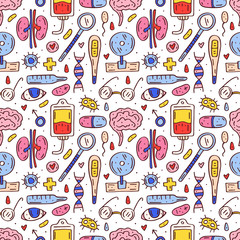 Medicine equipment, human organs, pills and blood elements cartoon doodle hand drawn vector seamless  pattern, texture, background, backdrop. Colorful cute design. Isolated on white background. 