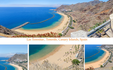 Set of different images of Las Teresitas beach in Tenerife, Canary Islands ,Spain..Collage for beautiful Tourist Postcard..