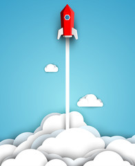 Space red rocket fly up in blue sky with cloud. Science concept inspiration. Paper art cartoon 3d realistic trendy craft style. Modern origami design template. Funny cute vector illustration. - obrazy, fototapety, plakaty