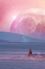 Landscape of an alien planet book cover proportions - huge pink moon reflects in calm ocean water....