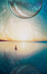 Dreamy fantasy landscape of lone sailboat sailing at sunset near coastline. Book cover template. Elements of this image furnished by NASA © Greg Brave