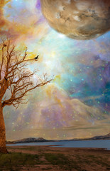 Alien planet fantasy landscape for book cover. Tree near lake with galaxy and stars in the sky....