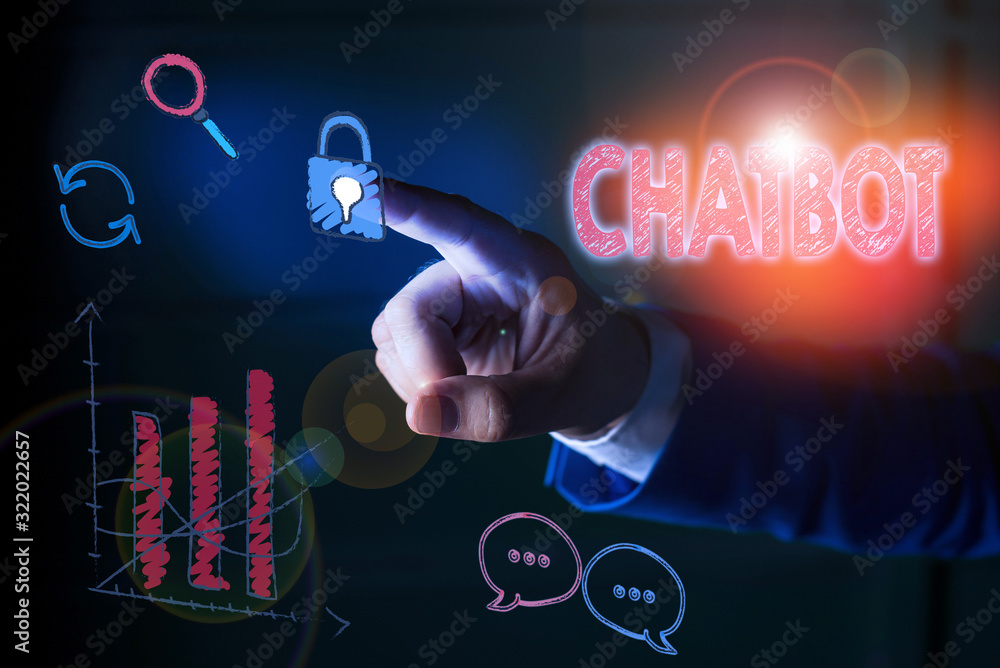 Poster writing note showing chatbot. business concept for a kind of computer program that simulates human c