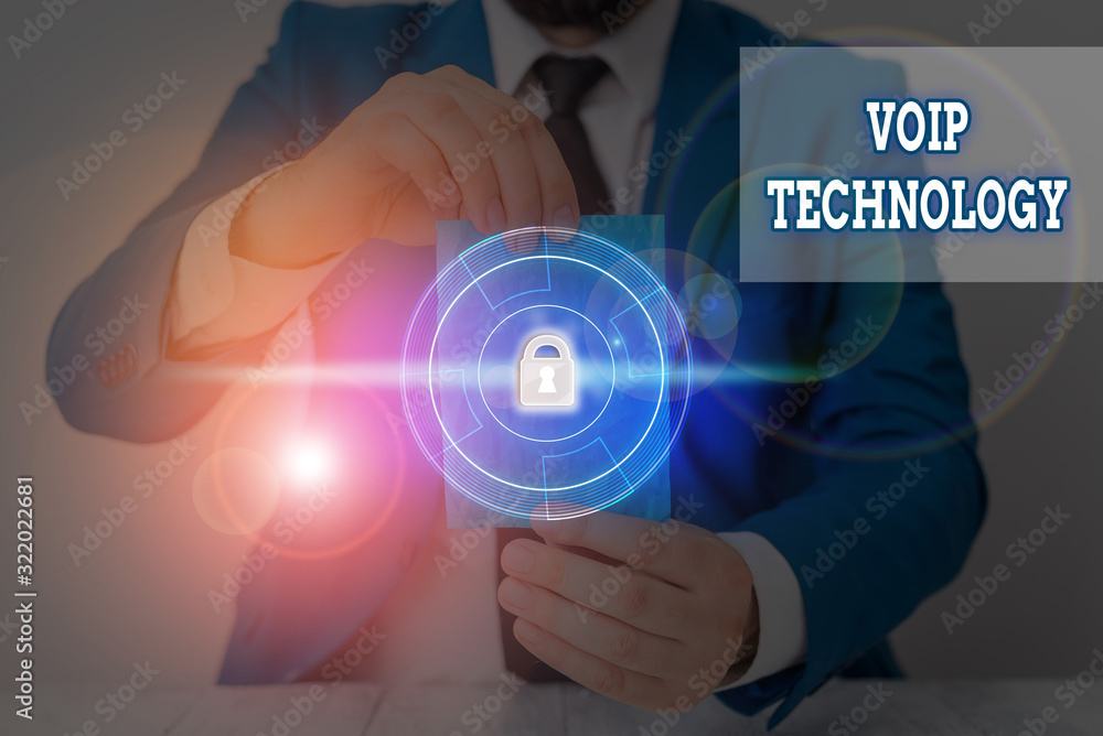 Poster writing note showing voip technology. business concept for use internet as the transmission medium f