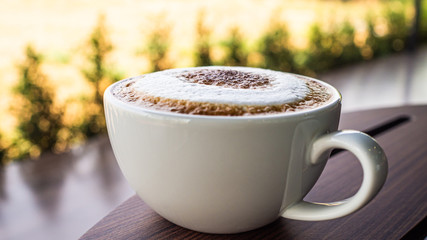 Cappuccino coffee in white glass  On the wooden table near the tree.