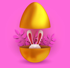 Abstract realistic open golden egg with white rabbit or bunny. Holiday background template for cover card, banner, invitation. Beautiful digital vector illustration.