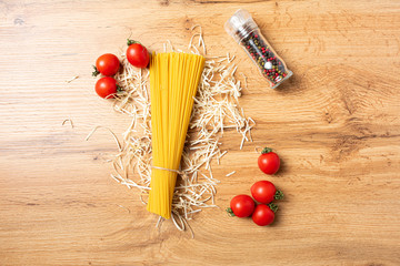 Bunch of spaghetti on a wooden table