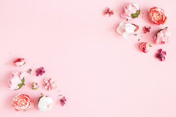 Flowers composition. Frame made of pink flowers on pastel pink background. Valentines day, mothers day, womens day concept. Flat lay, top view, copy space - 322023450