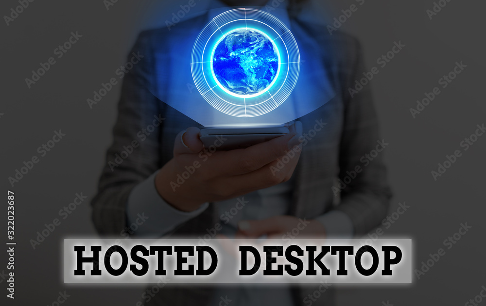 Poster conceptual hand writing showing hosted desktop. concept meaning product set within the larger cloudc