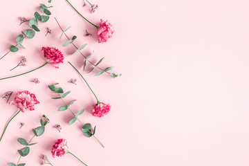 Flowers composition. Pink flowers and eucalyptus branches on pink background. Valentines day, mothers day, womens day concept. Flat lay, top view