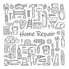 Home repair tools, instruments cartoon cute hand drawn doodle vector clipart, set, illustration, elements, stickers, icons. Black monochrome design. Isolated on white background. Easy to change color 