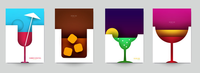Set of abstract silhouette cocktails with alcohol or juice in minimalistic geometric flat style. Creative colorful composition. Concept for branding menu, cover, flyer, banner. Vector illustration.