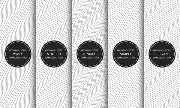 Collection of vector simple seamless curve outline patterns. Striped endless wave texture. White repeatable minimalistic backgrounds with black wavy lines