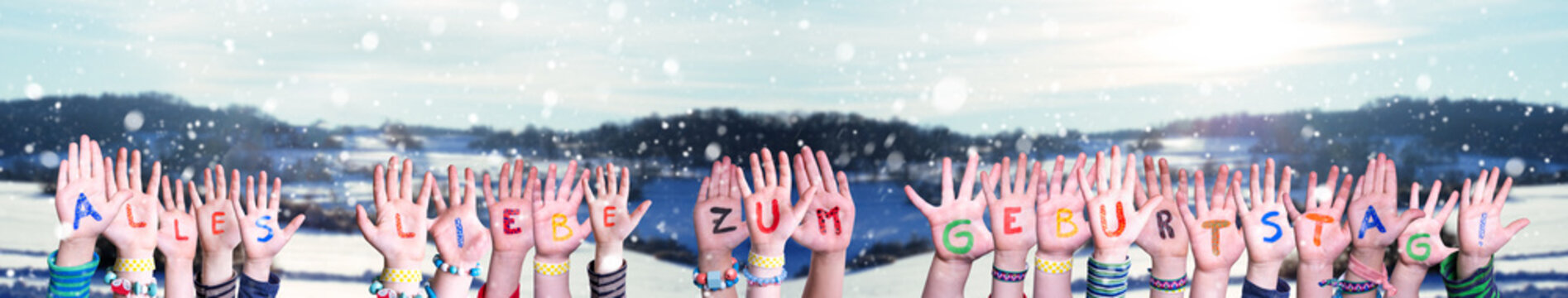 Children Hands Building Colorful German Word Alles Liebe Zum Geburtstag Means Happy Birthday. Snowy Winter Background With Snowflakes