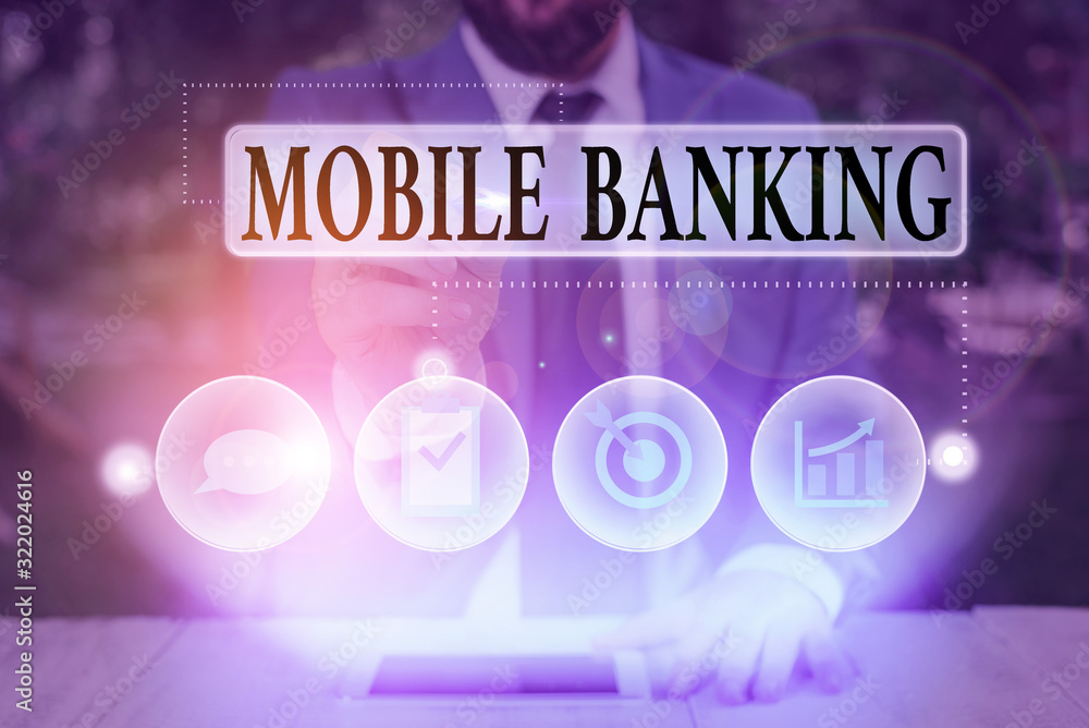 Aufkleber text sign showing mobile banking. business photo text use of cellular device to perform online banki