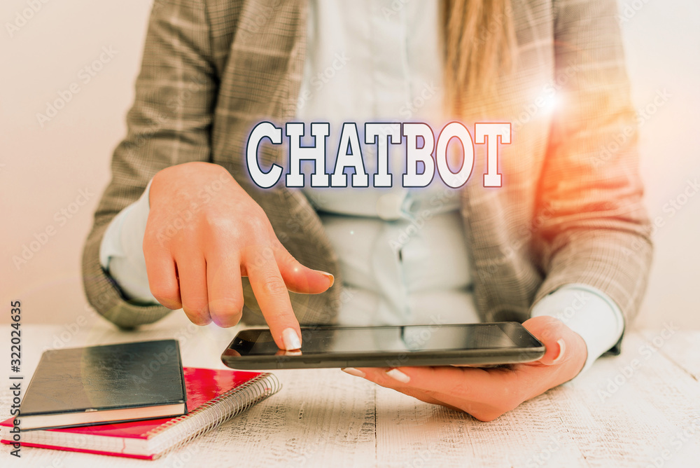 Poster writing note showing chatbot. business concept for a kind of computer program that simulates human c