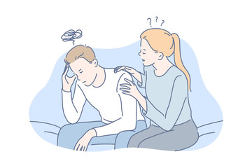 Depression, frustration, support concept. Young couple girlfriend is hugging, calming angry boyfriend. Upset frustrated woman embraces unhappy man. Depression raises stress level. Simple flat vector