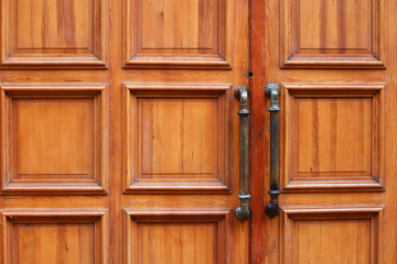 Double-winged wooden closed door with massive handles door, symbol, background