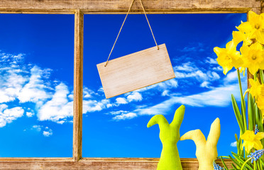 Sign With Copy Space. Vintage Rustic Window Frame With View To Blue Sky