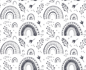 Vector seamless pattern with hand drawn rainbow and abstract texture.