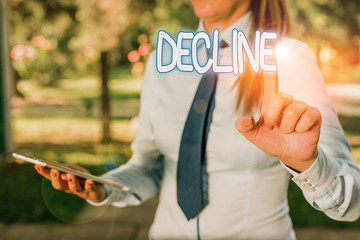 Word writing text Decline. Business photo showcasing Become smaller fewer less Decrease Politely...