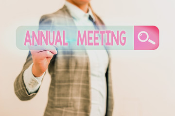 Conceptual hand writing showing Annual Meeting. Concept meaning a meeting of the general membership...