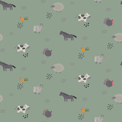 Vector seamless pattern with cute hand drawn farm animals.