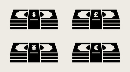 Stack of Money Symbol Silhouette Icon Vector. Dollar. Pound. Yen. Euro. $£¥€. Black and White. - 322026439