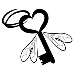 winged key with hearts on the ring