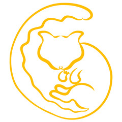 wavy tail cat curled up, yellow silhouette