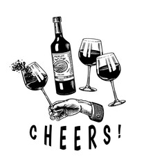 Cheers toast and clink glasses of wine in hand. Celebration concept. Red grape alcoholic drink. Vintage badge. Splashing alcohol Template Label. Semi sweet dry drink. Drawn engraved.