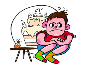 Fototapeta premium boy offended, glutton, vector illustration of a sweet tooth, vector card with a child