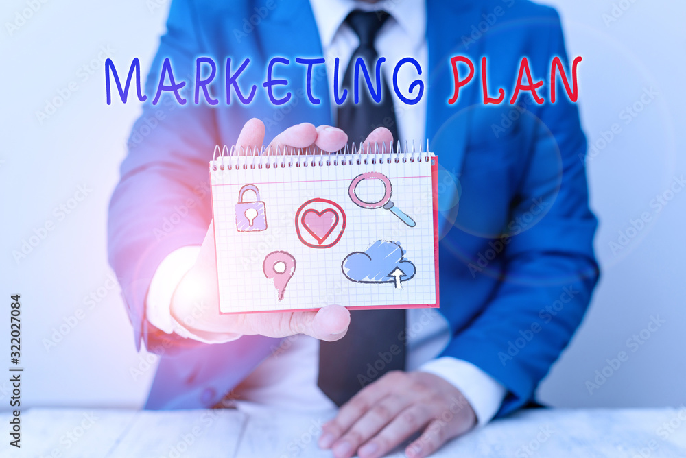 Poster writing note showing marketing plan. business concept for operational document that outlines an adve