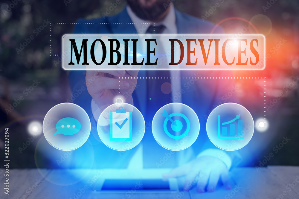 Poster text sign showing mobile devices. business photo text portable computing device such as a smartphone