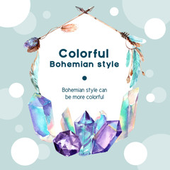 Bohemian wreath design with crystal, arrow watercolor illustration,
