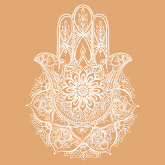 Ornate hand drawn hamsa. Popular Arabic and Jewish amulet. Vector illustration. Outline,v isolated on white background.