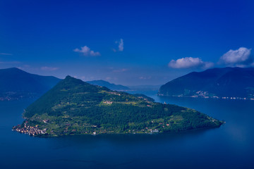 Flight on drone, aerial view of lake Iseo - Lago d'Iseo, Italy.	