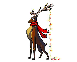 vector illustration deer, elk, Christmas deer, Santa Claus deer, beautiful antlers, winter, holiday card, magic, new year's eve, Christmas garland, Christmas tree decoration on the deer.Cartoon animal