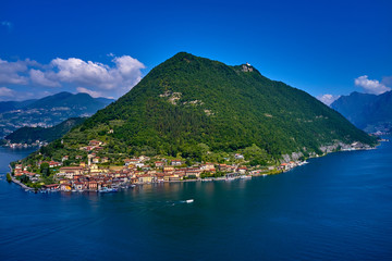 Flight on drone, aerial view of lake Iseo - Lago d'Iseo, Italy.	